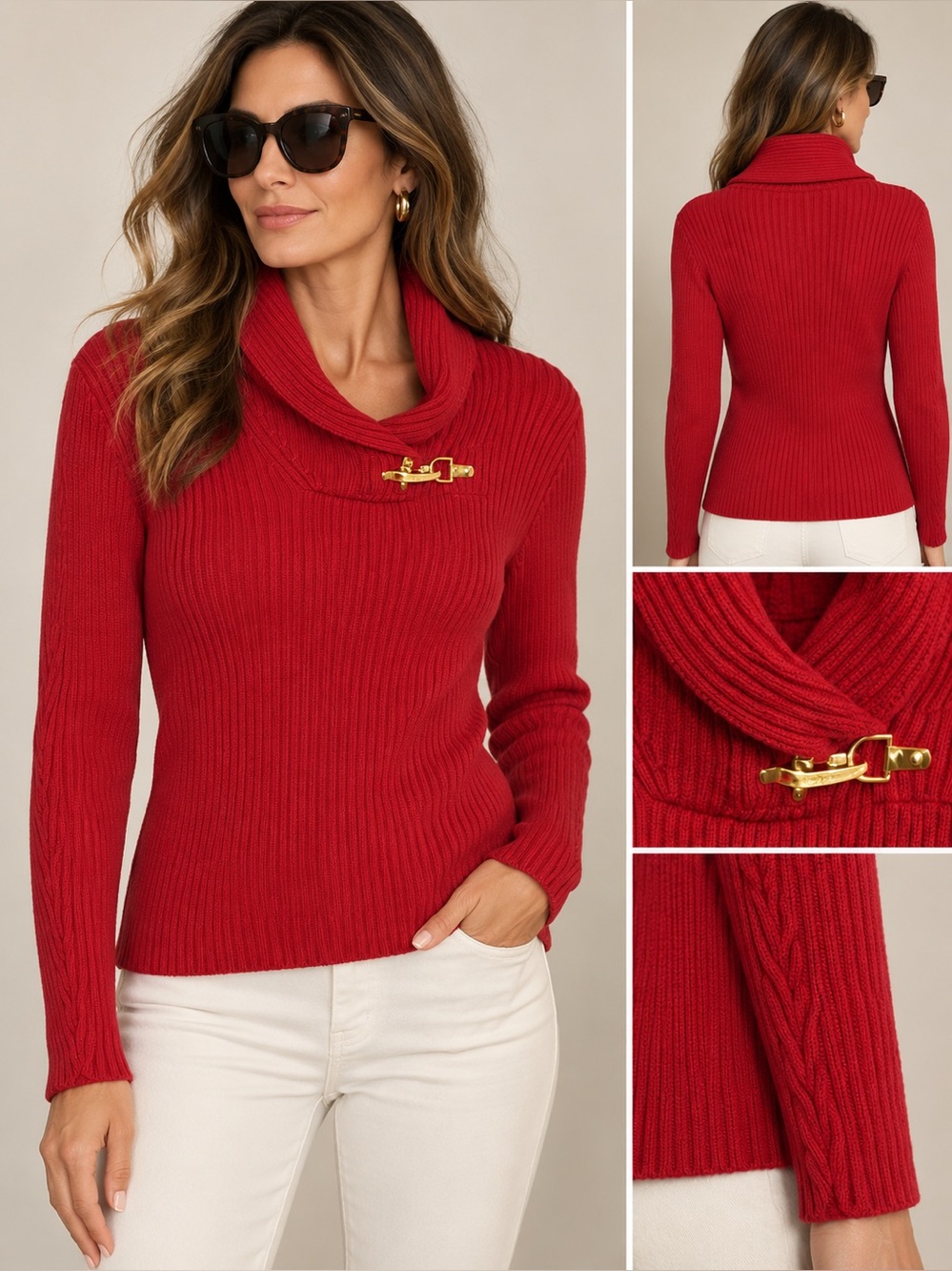 Vintage Y2K Lauren Ralph Lauren Red Ribbed Cowl Neck Sweater - Small (PTP 18")